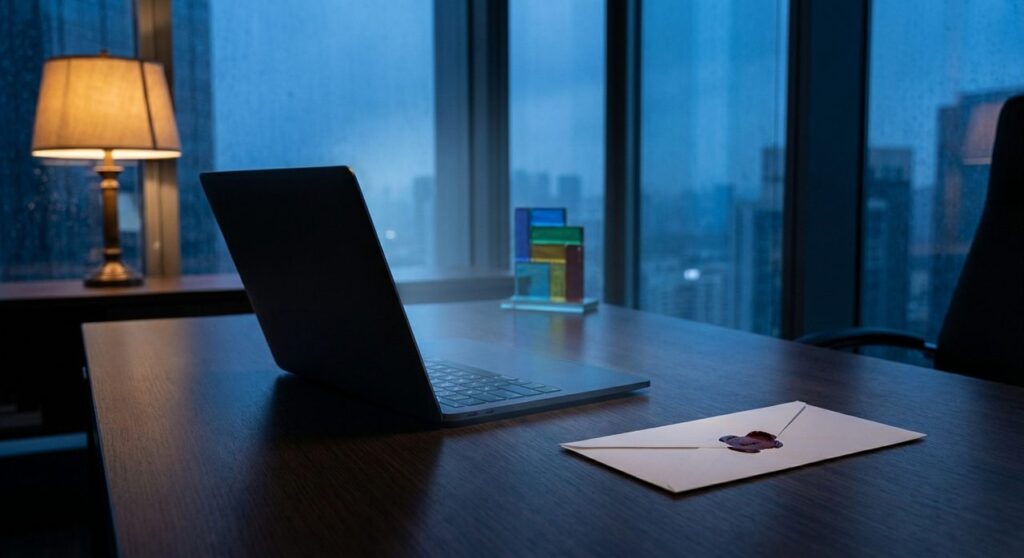 A laptop and a sealed envelope on an office desk at dusk, lit in blue tones evoking a Windows security update