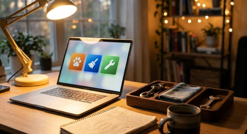 A laptop screen showing three colorful category icons, a paw print, a broom, and a wrench, next to a wooden organizer tray holding a leash clip, cloth, and wrench sorted the same way, representing a multi-category service marketplace data model