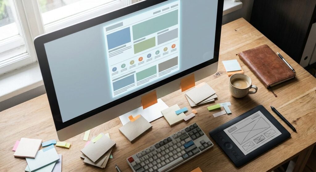A designer desk with a monitor showing a wireframe layout broken into color-coded sections and numbered process steps, surrounded by sorted service cards and sticky notes