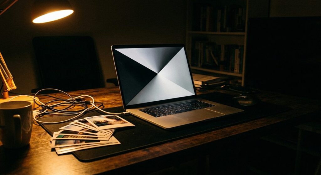 Laptop glowing with an abstract geometric pattern on a dark desk beside scattered photographs, symbolizing a Next.js image-processing security flaw