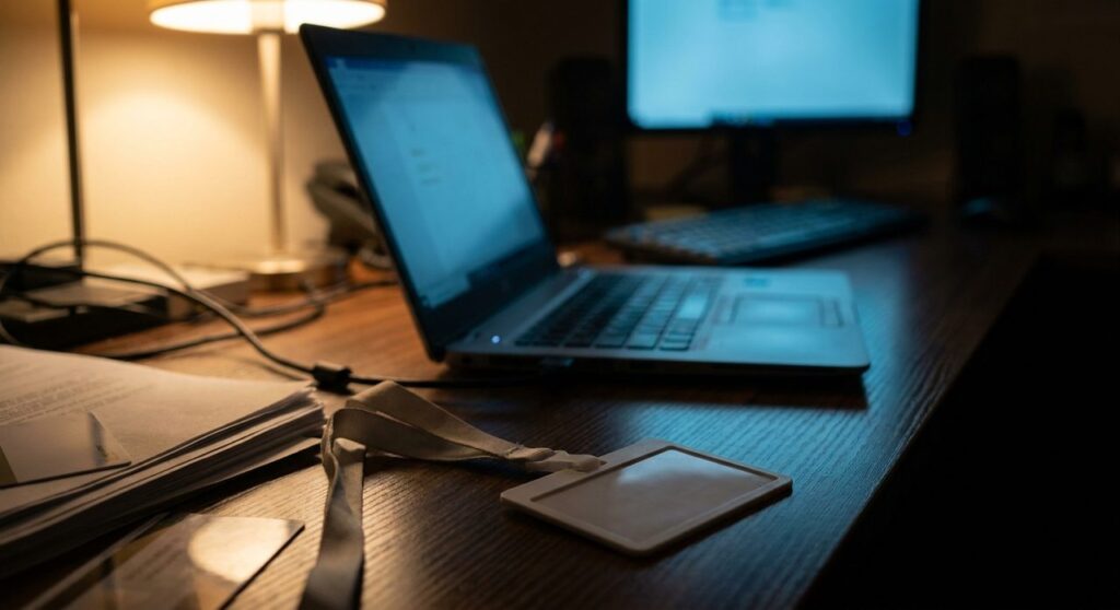 A laptop and monitor glow with blue light on a dark desk next to an ID badge and a hidden second keycard tucked under papers