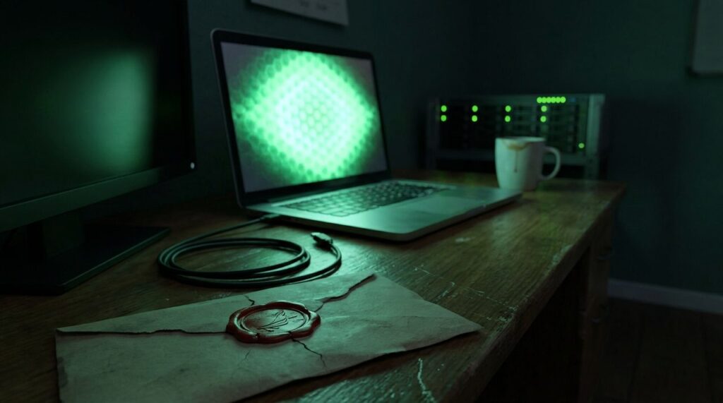 A laptop glows with hexagonal green light on a dark desk beside a cracked red wax seal on an envelope, with a server rack blurred in the background, symbolizing a Node.js security patch and a broken certificate validation check.