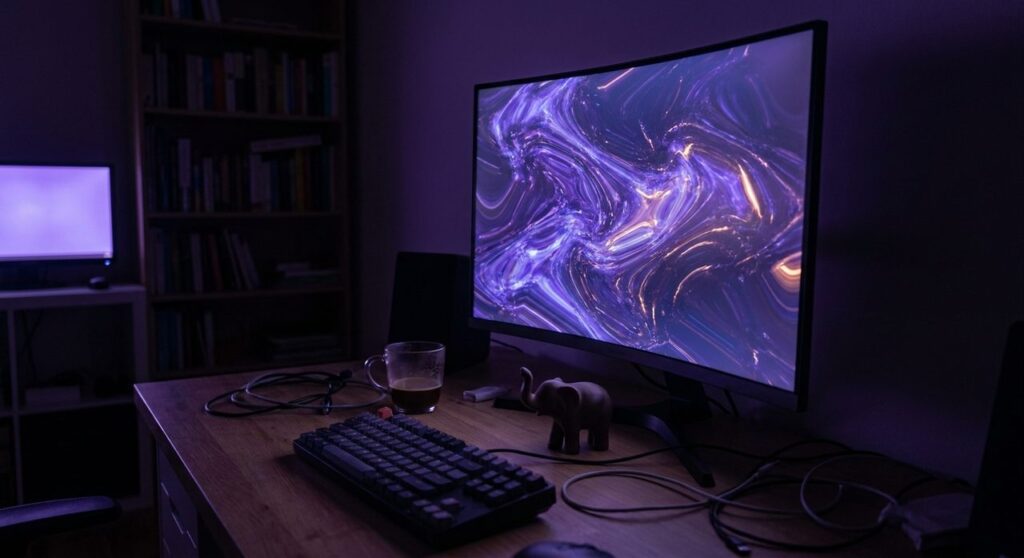 A dimly lit developer workspace at night with a monitor glowing violet and indigo showing abstract swirling corrupted light patterns, next to a small elephant figurine on the desk, symbolizing a critical PHP runtime vulnerability