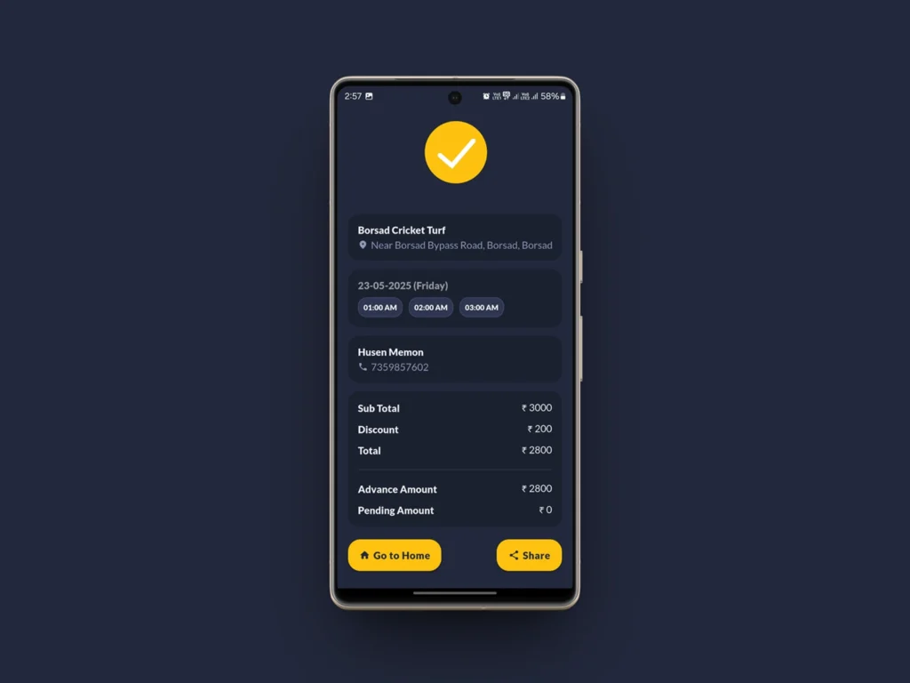 PlayerZon for Business booking confirmation screen displaying turf details, selected time slots, and payment summary