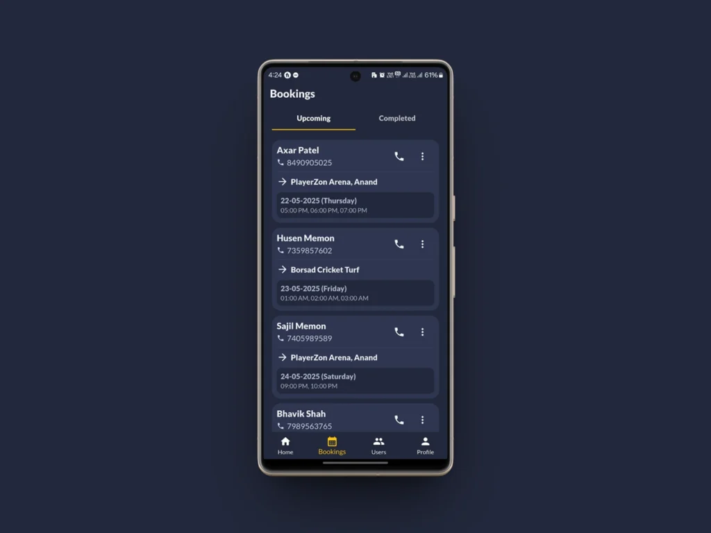 PlayerZon for Business app booking management screen displaying upcoming turf bookings and customer schedules
