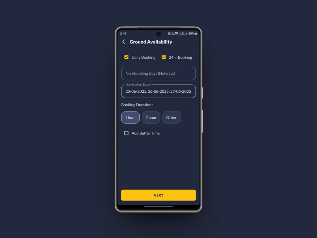 PlayerZon for Business app ground availability settings with booking durations and non-booking dates