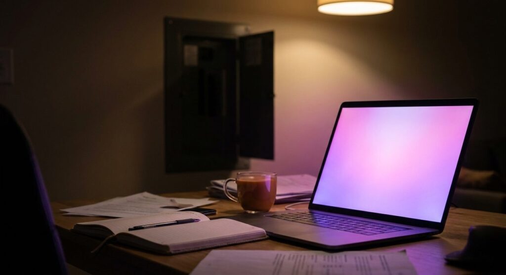 Laptop glowing with magenta light on a desk at night, representing a WordPress SEO plugin security incident