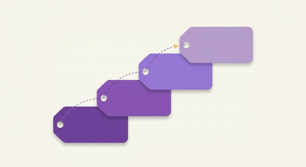 Illustration of ascending purple ticket tags connected by a dashed path, representing sequential WooCommerce order numbers