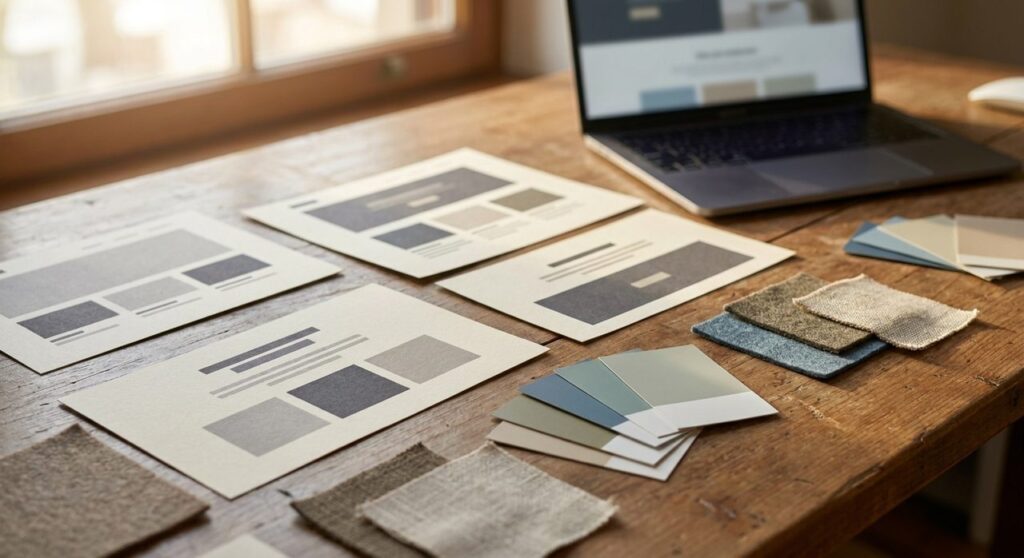 Printed website page-layout mockups with varied section arrangements spread on a desk next to color swatches, fabric samples, and a laptop, illustrating distinct service page structures unified by one brand system