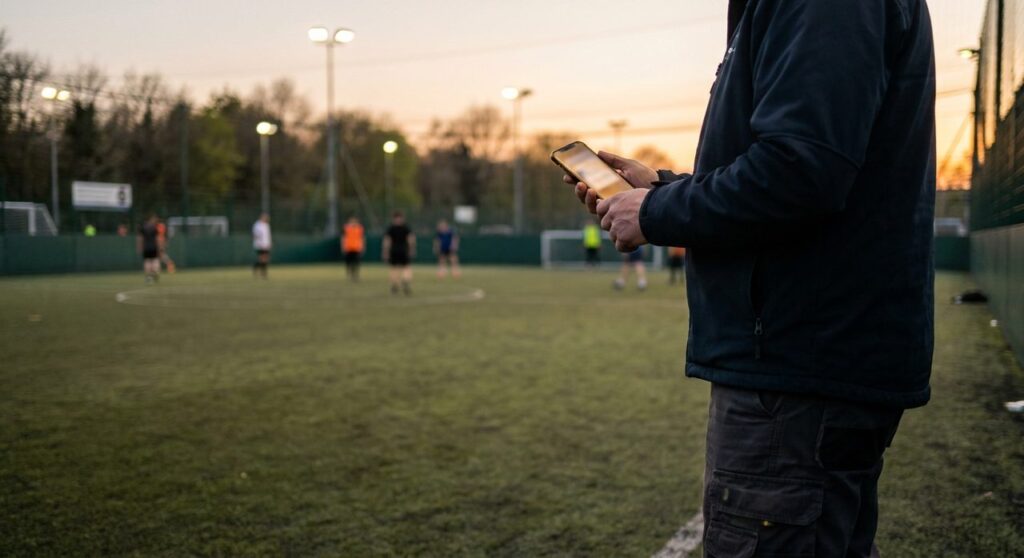 A sports facility manager checking bookings on a smartphone courtside at a multi-court turf facility at dusk