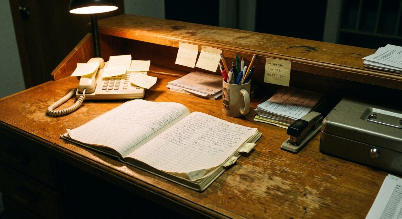 A worn paper logbook and sticky notes on an old front desk, representing manual booking records before switching to software