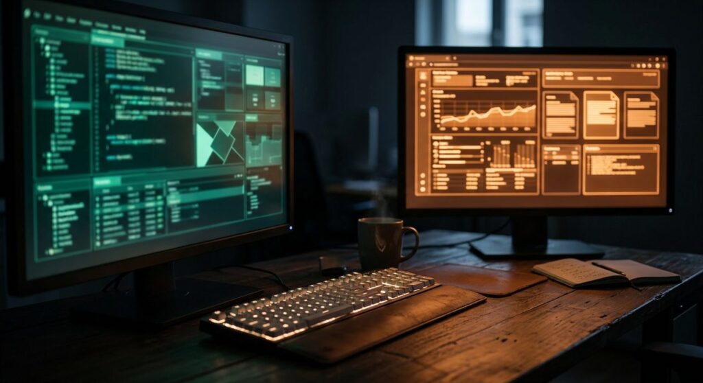 Two monitors on a developer desk at night, one glowing green with database and code panels representing Supabase, the other glowing amber with real-time dashboard panels representing Firebase