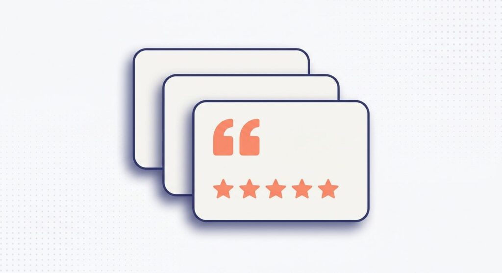 Three overlapping testimonial cards with a quotation mark and five-star rating icon, representing WordPress block editor testimonial plugins