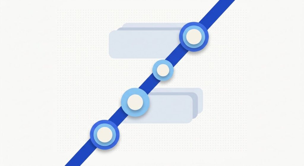 Flat illustration of a diagonal timeline with milestone node markers, representing WordPress timeline block plugins