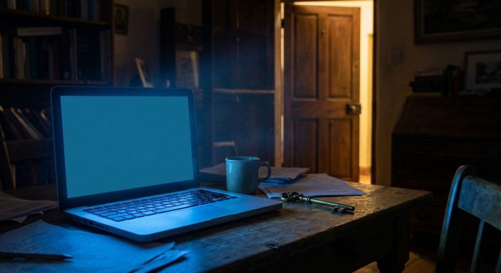 A laptop glowing blue on a dark wooden desk at night with an old brass key beside it and a door ajar in the background, symbolizing a stolen access key used to slip into a WordPress site unnoticed