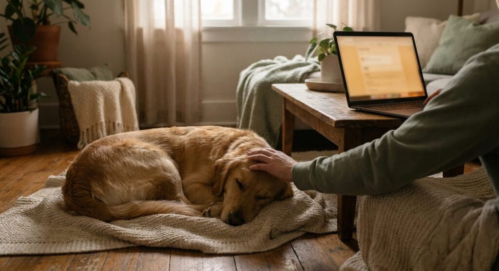 A person gently resting a hand on a golden retriever lying peacefully on a blanket at home, with a laptop open on a coffee table in the background.