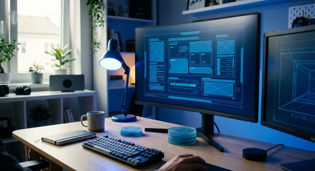 A web designer's desk at night lit in Webflow blue, with a monitor showing an abstract blue UI wireframe layout and a small stack of blue credit-token discs beside the keyboard.