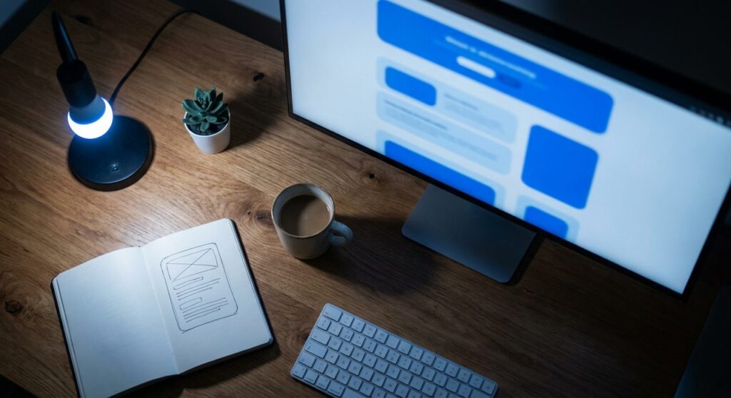 A designer workspace at dusk with a monitor showing a blue content-block blog layout next to a sketched wireframe notebook