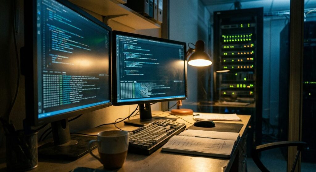 A backend developer desk at night with dual monitors showing terminal and log windows, a keyboard, and a coffee mug, with a server rack visible through a glass wall in the background