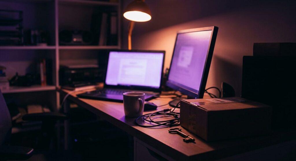 A home office desk at night lit by purple monitor glow, with a laptop and monitor, a coffee mug, a shipping box, and a brass key on the desk, symbolizing WooCommerce digital download access and permissions.