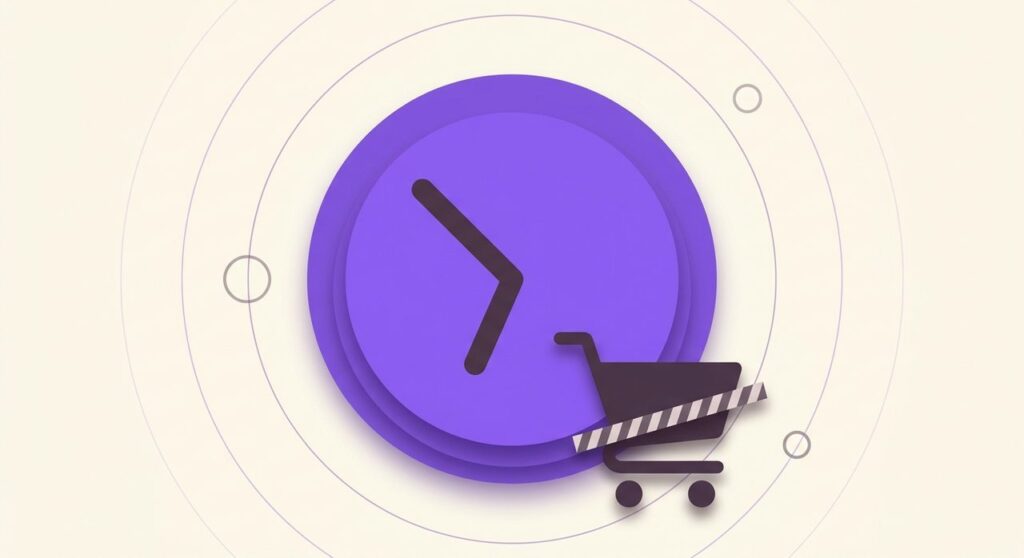 Flat illustration of a purple clock overlapping a shopping cart blocked by a striped barrier, representing WooCommerce checkout restricted to business hours