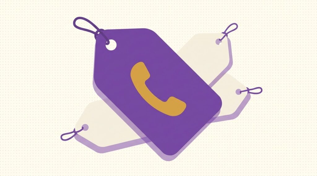 Flat illustration of a price tag with a phone handset icon in place of the price, representing WooCommerce Call for Price plugins