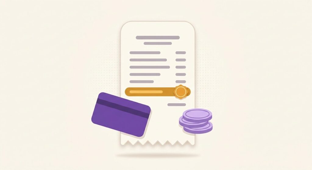 Illustration of a checkout receipt with a highlighted surcharge fee line, next to a payment card and a stack of coins, representing WooCommerce cash on delivery and card payment fee plugins