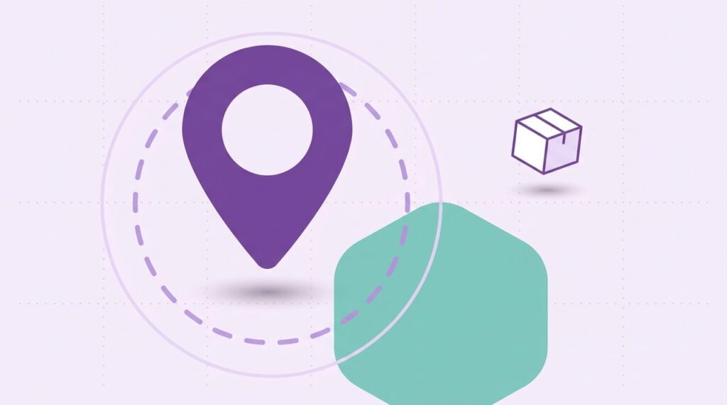 Flat design illustration of a purple location pin inside a dashed radius circle, overlapping a teal delivery zone shape, representing WooCommerce distance-based delivery restrictions