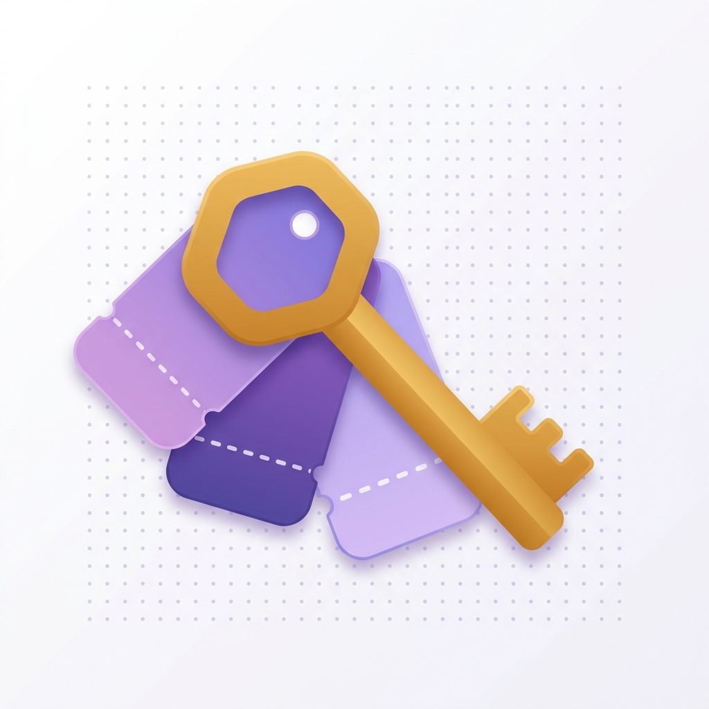 Illustration of a gold key with license tag shapes representing WooCommerce software license key plugins