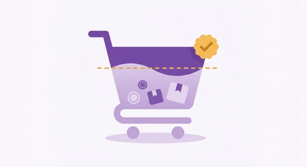 Flat illustration of a shopping cart with a dashed threshold line marking a minimum order amount