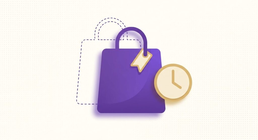 Flat illustration of a purple shopping bag with a reserved tag and a clock, representing a WooCommerce pre-order plugin