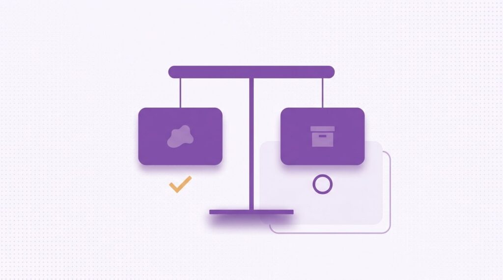 Flat illustration of a balanced scale weighing two product cards, representing WooCommerce product compare plugins