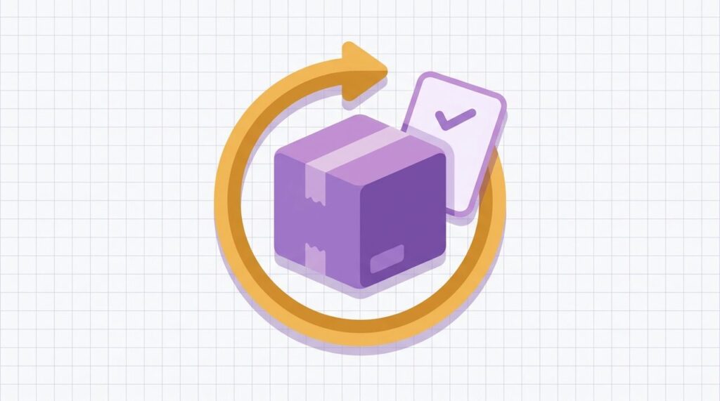 Illustration of a package with a return arrow, representing self-service WooCommerce order cancellation and refund requests