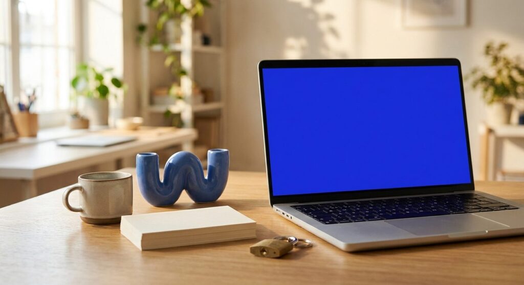 Laptop on a desk showing a WordPress-blue screen next to an abstract blue swirl sculpture and a small padlock, symbolizing WordPress 7.2 Beta 1 and its new Secrets API