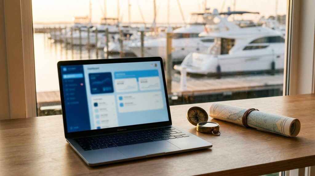 Laptop showing a blue dashboard interface on a desk overlooking a marina with yachts, representing real-time inventory sync for a WordPress fleet management plugin