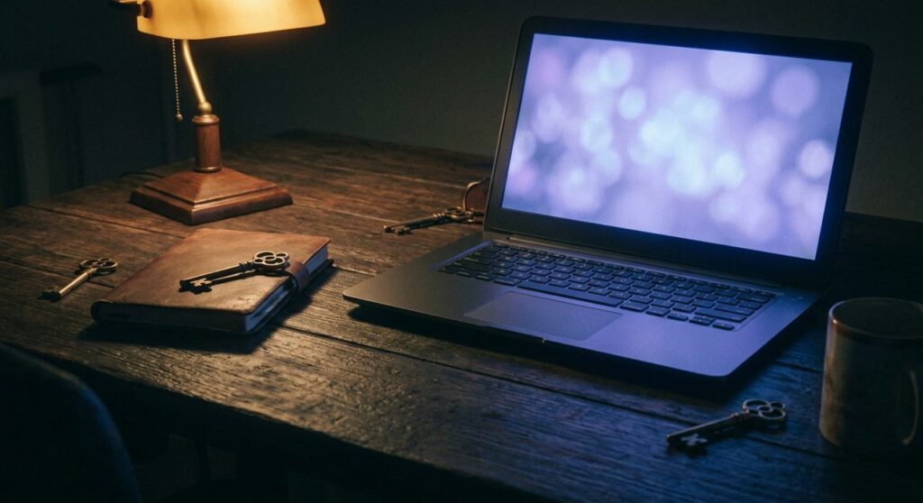A laptop glowing with WordPress blue light on a dark desk at night, surrounded by several identical old brass keys half hidden under a notebook, symbolizing a backdoor that hides duplicate copies of itself.
